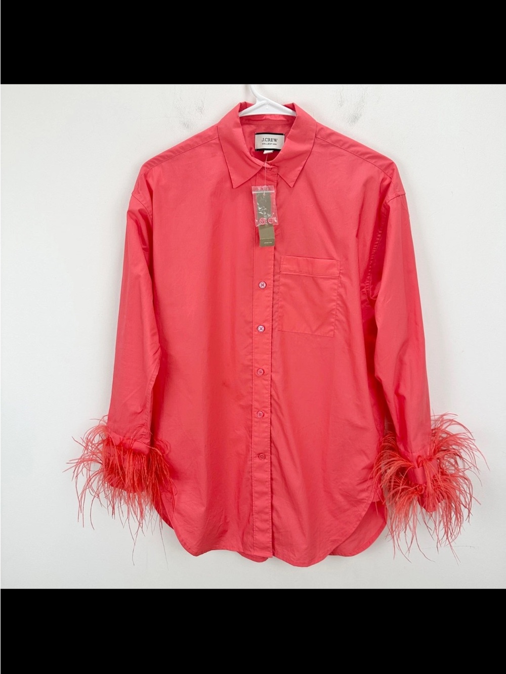 J.Crew Collection Feather Trim Poplin Button Up Shirt Coral Pink US 4 NWOT - Picture 5 of 11